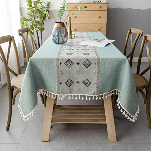 Pahajim Table Cloth Rectangular Washable Cotton Linen Tablecloth Tassel Wipeable Tablecloth Wrinkle Free and Dust Proof for Coffe Table, Kitchen, Dining, Tabletop Decoration(Green, 55 x 87 inch)