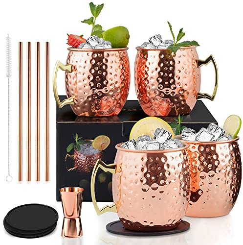Yoassi 4 SETS 530ml Moscow Mule Tazas de Cobre Moscú Copas de Cóctel Martillado Hecho a Mano, con 4 Posavasos, 4 Pajitas, 1 Cepillo de Limpieza, 1 Taza Medidora, 1 Caja Elegante de Regalo
