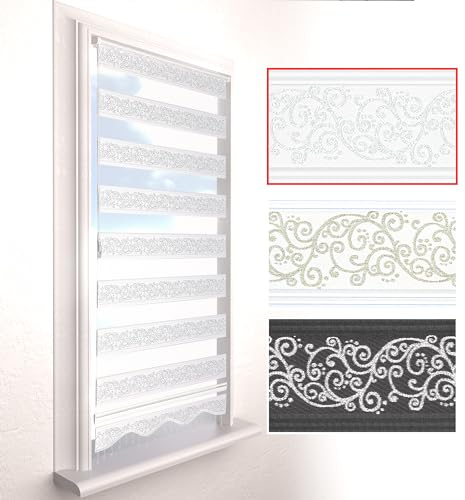 Brillant Doppelrollo Klemmfix ohne Bohren Weiß Silber 200 x 80 cm (Länge x Breite) Duorollo Blickdicht mit Perlen, glitzert, Raffrollo Fenster Tür Zebra Perde Klemmrollo Seitenzugrollo
