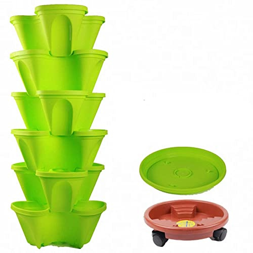 Macetero apilable de plástico vertical apilable de 6 niveles, maceta de plantas vegetales y fresas, con semillas de fresa y juego de herramientas de jardín y regadera