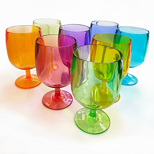 Lily's Home Unbreakable Plastic Wine Glasses Set of 8, 12 oz Shatterproof Stackable Tumblers, Reusable BPA Free Goblets for Party, Picnic, Camping, and Outdoor Use. Made in Taiwan(Multicolor)