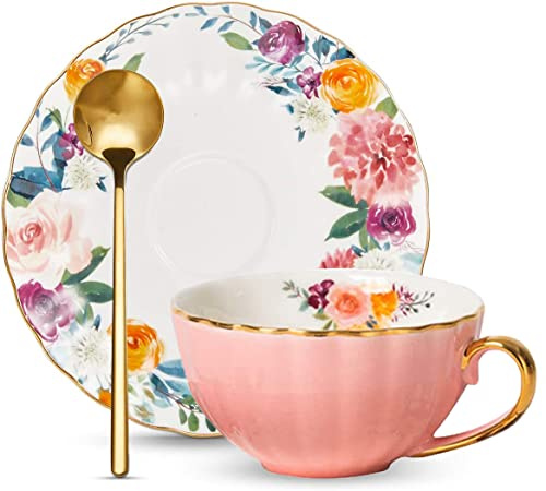 ONEUSTAR Tea Cup and Saucer Set for 1 Bone China English Tea Cup with Spoon Floral Teacup 8 oz British Coffee Latte Mug for Woomen Gifts, Pink