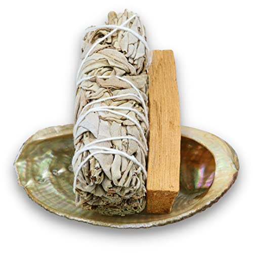 Weißer Salbei Premium mit getrockneten Blumen, Räucherwerk, handgefertigt, geprüfte Qualität, Smudge Sticks, White sage (LAVISA Räucherset Smudge Kit (Abalone Muschel + Weißer Salbei + Palo Santo))