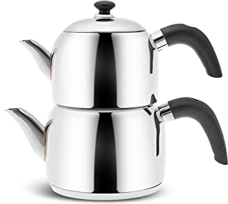 Karaca Edge - Set di mini teiera turca in acciaio inox con coperchio, teiera turca da 0,85 litri e serbatoio dell'acqua da 1,25 litri, manici neri in bachelite non bruciante, bollitore a induzione