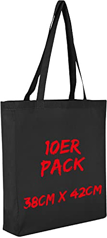 TEXXILLA Baumwolltasche - 10er Pack | Schwarz | mit Zwei Langen Henkeln, Boden- und Seitenfalte | 38x42cm | Jutebeutel | Einkaufstasche | unbedruckt