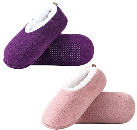 2 Pairs of Soft Sole Slipper Socks for Women with Grippers Non Slip, Winter Warm Cozy House Bedroom Slippers, Ladies Fuzzy Indoor Home Slippers Size 7.5-9.5 Pink&Purple