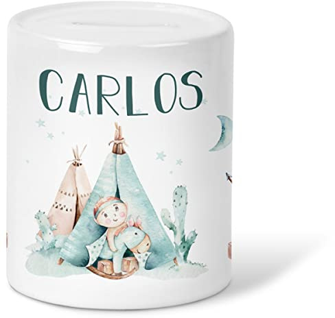 GRAVURZEILE Spardose für Kinder - im Indianer Design - Personalisiert mit Name - Geschenk für Jungen & Mädchen zum Geburtstag Kommunion Geburt Einschulung Weihnachten