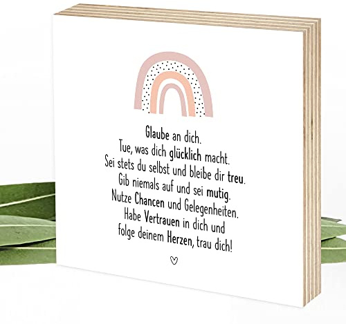 Wunderpixel® Holzbild Glaube an Dich - Regenbogen - handgemacht 15x15x2cm zum Hinstellen/Aufhängen, echter Fotodruck mit Spruch auf Holz - Wand-Bild Aufsteller Zuhause Dekoration Geschenk-Idee