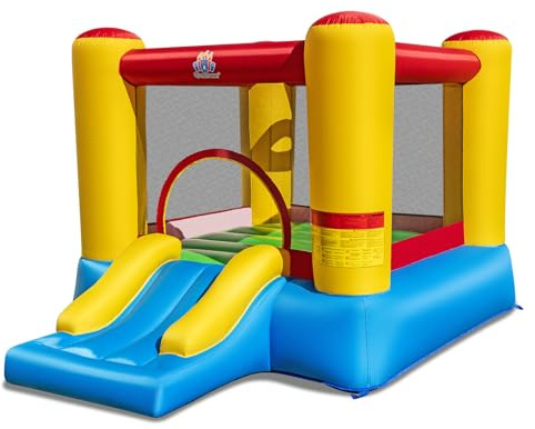 COSTWAY Kids Bouncy Castle, Inflatable Bounce House with Slide, Basketball Hoop, Carrying Bag and Repair Kit, Children Blow Up Jumper for Indoor Outdoor (Basic without Blower)