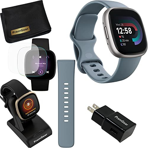 Fitbit Versa 4 - Reloj inteligente de salud y fitness (azul/platino) con GPS integrado, duración de la batería de 6 días, bandas S y L, paquete con cable de carga de 3.3 pies, adaptador de pared