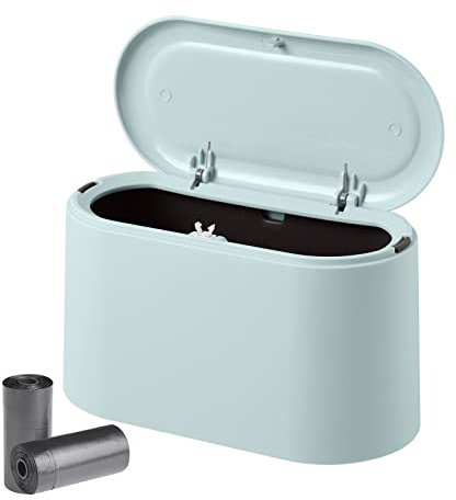 VORHOT Cubo de Basura con Tapa de Resorte, 2L Mini Papelera Escritorio con 2 Rollos de Bolsas de Basura, Pequeño Design Cubos Basura, Papeleras de Plastico para Baño Oficina Hogar 22 * 11 * 13cm