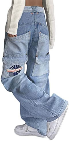 ORANDESIGNE Damen Vintage Cargo Jeans Y2K Hip Hop Baggy Straight Leg Gewaschen Jeanshose Casual Denim Hosen Bedruckte Jeans Teenager Mädchen Harajuku Skateboard Hose Streetwear A Blau L