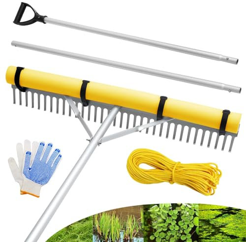 Floating Lake Rake, 36 Aluminum All Purpose Lake and Landscape Rake with 102'' Extension Handle and 52Ft Rope, Weed & Algae Removal, Yellow