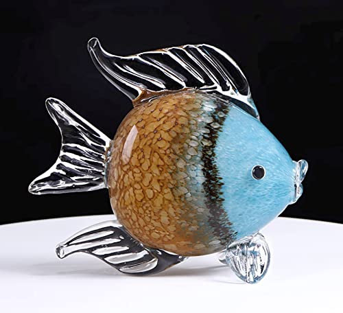DECRZPB Glasfigur braun und blau tropischer Fisch handgefertigt geblasenes Kristallglas Briefbeschwerer Glasurkunst für Tischdekoration Heimdekoration