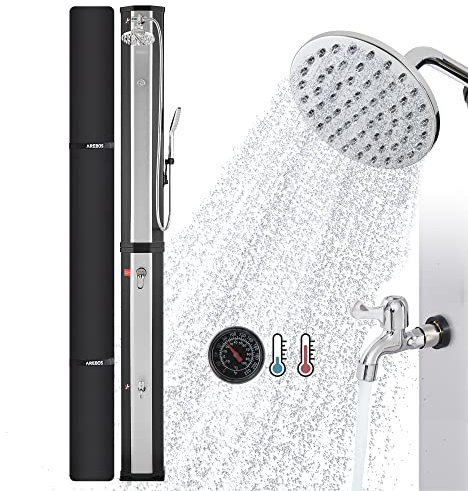 AREBOS Solar Shower 60 L | con doccetta e termometro | Temperatura dell'Acqua Fino a 60°C Doccia da Campeggio per Piscina | Soffione Rotondo | Tecnologia a Scatto | Coperchio Incluso