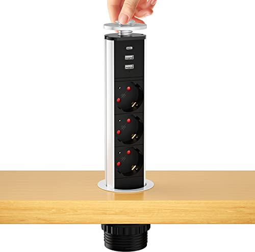 Ulthos multiprise escamotable USB C PD20W, Prise de Table escamotable 3 Prises avec USB, Prise encastrable escamotable pour Table, Bureau, Cuisine, Atelier, diamètre 60 mm, 4000 W/16 A