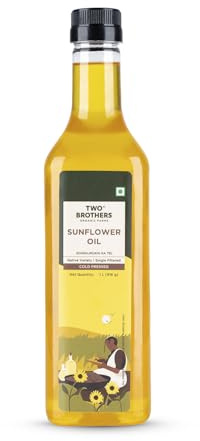 Two Brothers Organic Farms Huile de tournesol pressée à froid (1L) | Riche en oméga-6 et antioxydants naturels | Pure, filtrée à froid | Idéale pour la friture, la saute et la tadka