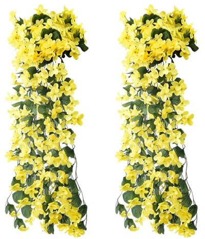 LOREC 2 Stück Kunstblumen Hängend Gelb 70CM Kunstblumen Veilchen Efeu Künstlich Künstliche Blumen Hängend Glyzinien Hängeblumen Künstlich Hängende Blumen für Garten Hochzeiten zu Hause