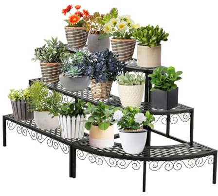 BAOYOUNI 3 Etagen Blumentreppe aus Metall Rechteckiges Pflanzenständer Pflanzenregal Blumenregal Eckregal Blumentopfständer für Garten, Balkon, Terrasse, Rechteckig+1/4 Rund, Schwarz