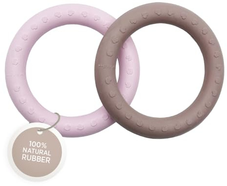 HEVEA Kawan Naturkautschuk-Beißring Baby im 2er-Pack - 100% Biologisch, Sicher & Dänisches Design für Babys - Frei von BPA, PVC, Kunststoff und Phthalaten (Puderrosa und hellbraunes Beige)