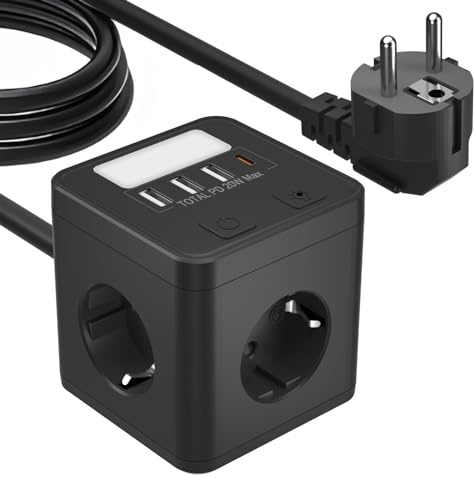4-vägs grenuttag med USB C PD 20 W, USB-uttagskub med nattlampa, flera uttag kub med strömbrytare, grenuttag för hemmakontor, 1,5 m kabel svart