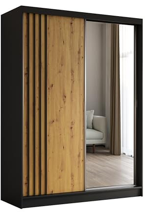 ALTDECOR Kleiderschrank mit Spiegel und Schiebetüren, kugelgelagerte Führungsschienen und Aluminium-Leisten, LED-Beleuchtung (16 Farben) und Fernbedienung - NALLA - 160 cm Schwarz + Artisan + Schwarz