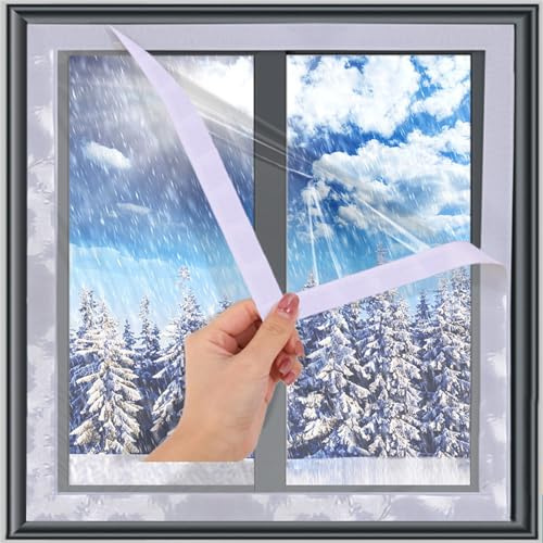 RCLONGEU Thermo Cover Fenster, Transparente Thermofolie für Fenster Isolierfolie zur Wärmedämmung Dämmfolie Kälteschutzfolie mit 2 Rolle Selbstklebende Band (Weiß,120 x 120 cm)