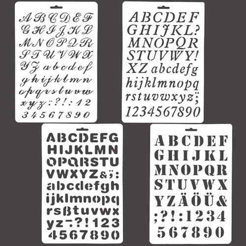 REEKNOKOL Pochoirs à Lettres et Chiffres - 4 Styles Assortis pour Le Dessin de l'alphabet, Le Bricolage, l'album Photo et l'album de découpage