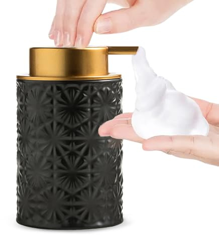 Elegant Foaming Soap Dispenser, Designed with Flower-Shaped Emboss(Black) | Ceramic Gold Hand Soap Dispenser for Bathroom