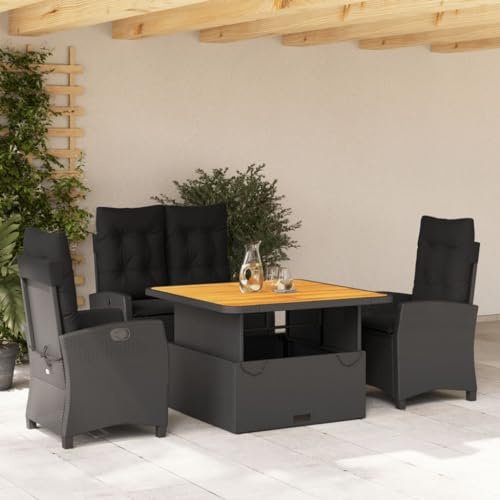 Gecheer 4-TLG. Polyrattan Sitzgruppe Garten Essgruppe 4 Personen Gartenmöbel Set Gartenlounge Set Loungemöbel Balkonmöbel Gartentisch mit Stühlen & Gartenbank Sitzgarnitur mit Kissen Schwarz