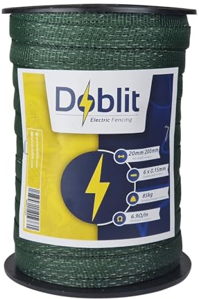 Doblit Poly Tape 20mm Electric Fence Ribbon Electrifible Conductor, Low Electrical Resistance, 6x0.15mm Stainless Steel Strands, Horse Tape Paddock (200m, Green)