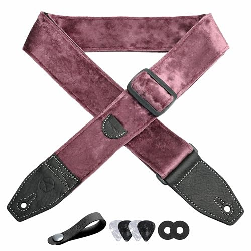 YIKOKO Gitarrengurt 2 Zoll Samtgitarrengurte mit Vollnarbenlederende, für Bass-, Elektro- und Akustikgitarren, kostenloser Gurtknopf, 2 Gurtschlösser und 4 Gitarrenplektren
