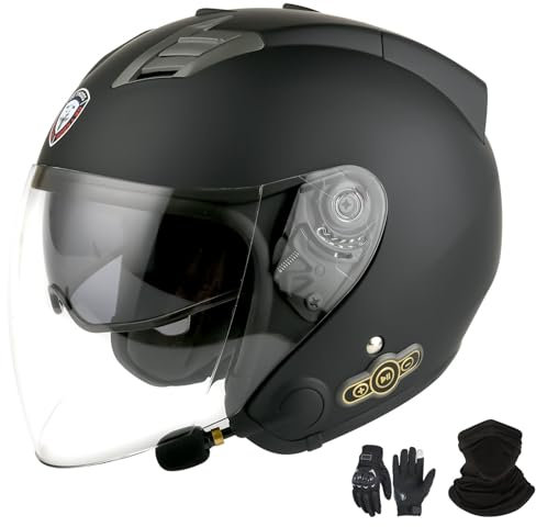 GNIUBBDB Casco jet con Bluetooth per moto, certificazione ECE, casco con Bluetooth integrato, casco da scooter, casco jet per adulti, uomini e donne, con doppia visiera B, L (59-60cm)