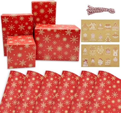 Papel de regalo navideño para envolver regalos - 6 hojas de papel de regalo rojo de Navidad impreso con copos de nieve 70 x 50 cm Papel Kraft con etiquetas de regalo y cinta