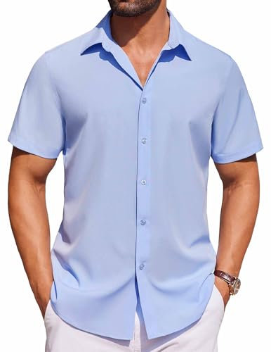 COOFANDY Mens Short Sleeve Summer Casual Shirts Regular Fit Lightweight Business Dress Formal Smart Shirts Solid Color Holiday Top Light Blue M