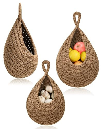 Alleshelfer Hängende Wandkörbe, 3 Stück Hängekorb Küche, Wandhängender Obstkorb, Aufbewahrungskorb Geflochten, Hängekorb, für Küchendekoration, Wohnzimmer, Bad, Obstkorb Hängend Jute (Braun-3)