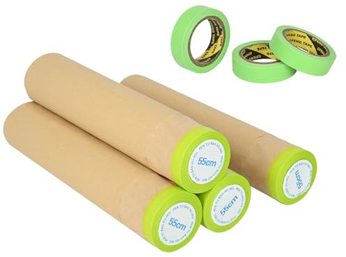 aleawol 4 Rolls Car Masking Paper for Spraying, 55cm*15m/21.65*50ft Pre-Taped Masking Paper for Painting Dust Sheet Drop for Painting Decorating Covering Furniture Carpet Protection Film