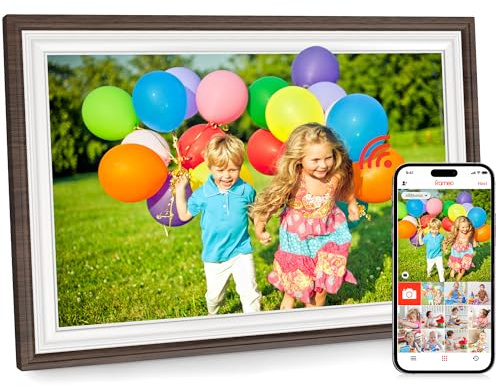 Frameo 10.1 Inch WiFi Digital Photo Frame with 32GB Memory, White Wood Digital Picture Frame, HD IPS Touchscreen, Auto-Rotate, Instant Photo & Video Sharing via Frameo App