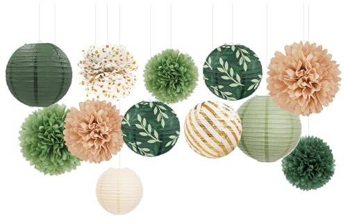 AOBKIAT Grün BabyParty dekoration Set für Verlobungsfeier,Jahrestag,Brautparty,Geburtstag ,mit 12 Stück Olivgrün Salbei Seidenpompons und Papierlaternen mit Olivenblatt