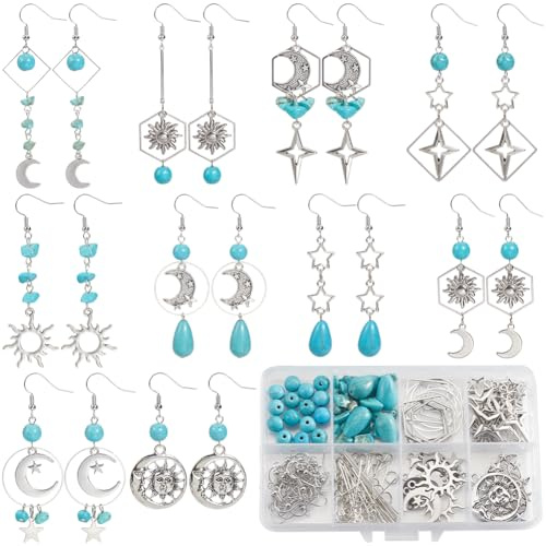 SUNNYCLUE 1 Box DIY 10 Paar Türkisfarbene Ohrringe Starter Set Zum Herstellen von Ohrringen Stern Verbindungsstück Charm Synthetischer Türkis Edelstein Chip Metalllegierung Silber Hohle Mond/Sonnenpe