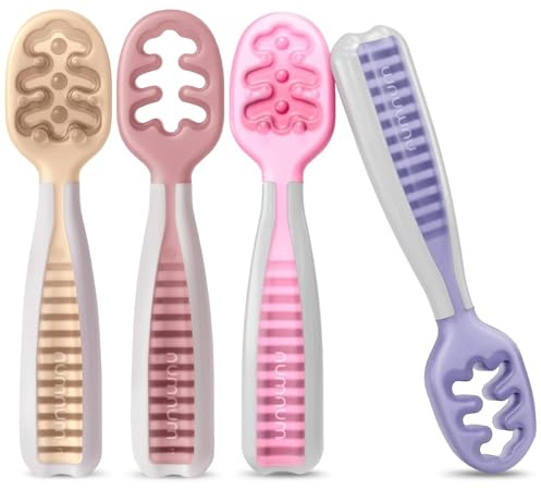 NumNum GOOtensils Babylöffel Set - Stufe 1+2 Esslernlöffel Baby ab 6+ Monaten - Beikost Baby Zubehör BLW - BPA frei Silikon Löffel Selber Essen - 4er (Blumenfarben)