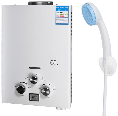 Scaldacqua a Gas, scaldabagno a gas propano GPL 6L con kit doccia, con modalità inverno ed estate, scaldabagno istantaneo senza serbatoio 16kw, per casa ed esterno (C)