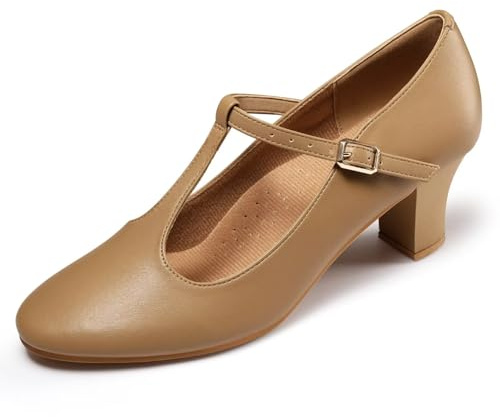 Asyusyu T Bar Character Shoes 2.3 Heel Character Dance Shoes for Women-Tan, 5.5 UK