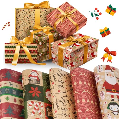 Carta Regalo Natale Rotolo 5 Rotoli, 43x300cm Carta Regalo Natalizia, Carta Pacchi Natale, Motivi Natalizi Christmas Wrapping Paper per Scatole di Compleanni, Festival