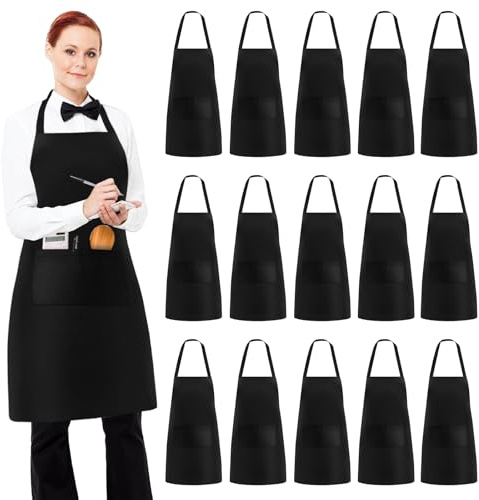 15 Stück Kochschürze, Schwarz Unisex Köche Einstellbare Backen Schürze mit 2 Taschen, Blank DIY Kinder Koch Nackenband Schürze für Kochen, Backen, Küche, Restaurant, Basteln, Café