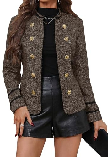 Mina Self Tweed Blazers Jacket For Women Sweater 2025 Fall Brown Double-Breasted Cropped Crop Short Business Casual Work Professional Winter Womens Dressy Petite Women's Blazer Jackets Coat 7/BR M