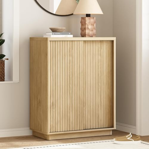 WINWY Fluted Shoe Cabinet with Sliding Door, 6-Tier Large Hidden Storage Organizer Modern Shoe Rack with Adjustable Shelves, Mid Century Freestanding Wooden Shoe Storage Cabinet for Entryway,Oak