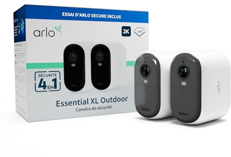 Arlo Essential 2 2K XL, Caméra de Surveillance WiFi Extérieure sans Fil, Autonomie de 24 Mois, Vision Nocturne Couleur, Sirène et Audio Bidirectionnel, Essai Secure Inclus, 2 Caméra Blanc