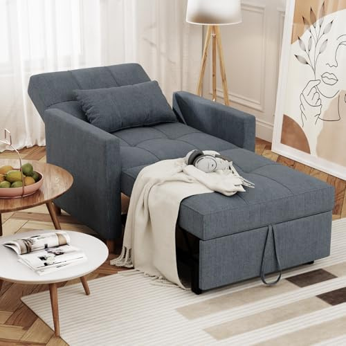 YODOLLA 3-in-1 Schlafsessel, umwandelbares verstellbare Schlafstuhl, Schlafsofa Bett mit Schlaffunktion, Sessel mit Kissen und Seitentasche für kleine Räume, Dunkelgrau