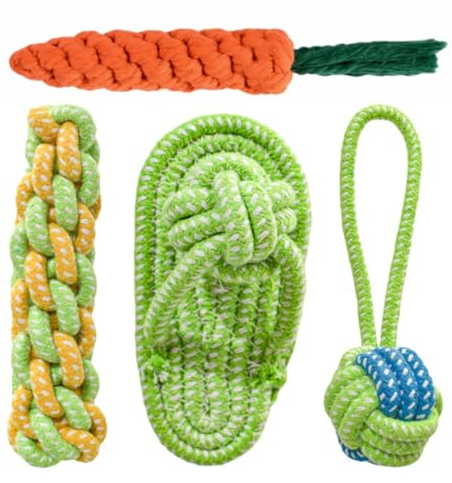YOBEYI Pet Rope Toy Set with Cotton Ball and Carrot Design, Durable Chew Toys for Dental Care, Teething Relief and Interactive Play,